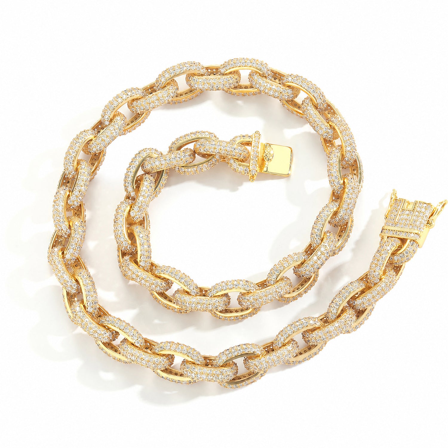Gold iced O-link chain and bracelet on white