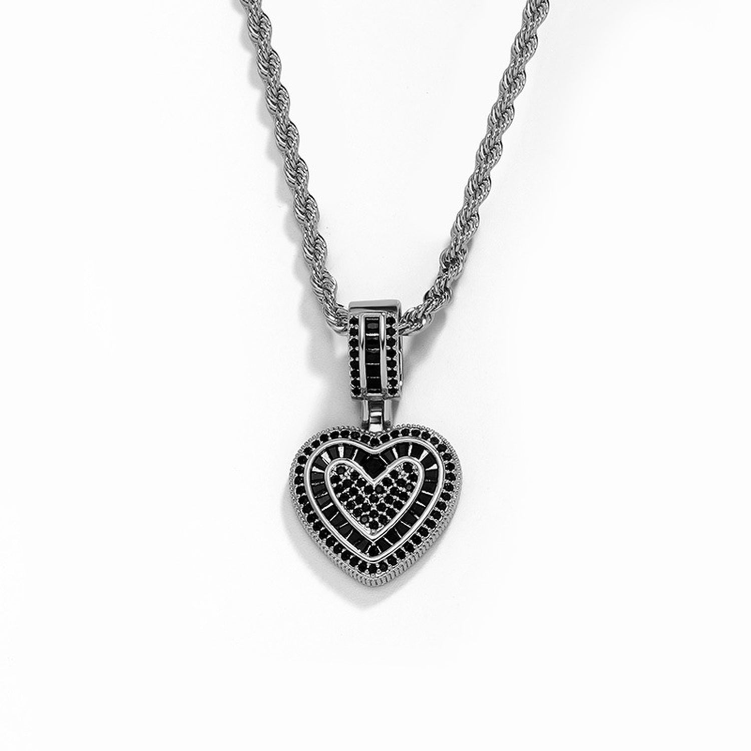 Silver baguette iced double heart pendant with black cubic zirconia