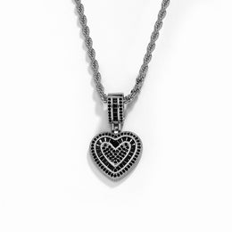 Silver baguette iced double heart pendant with black cubic zirconia