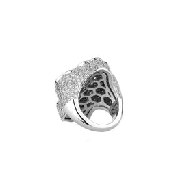 Silver baguette cross ring rear and pavé band detail