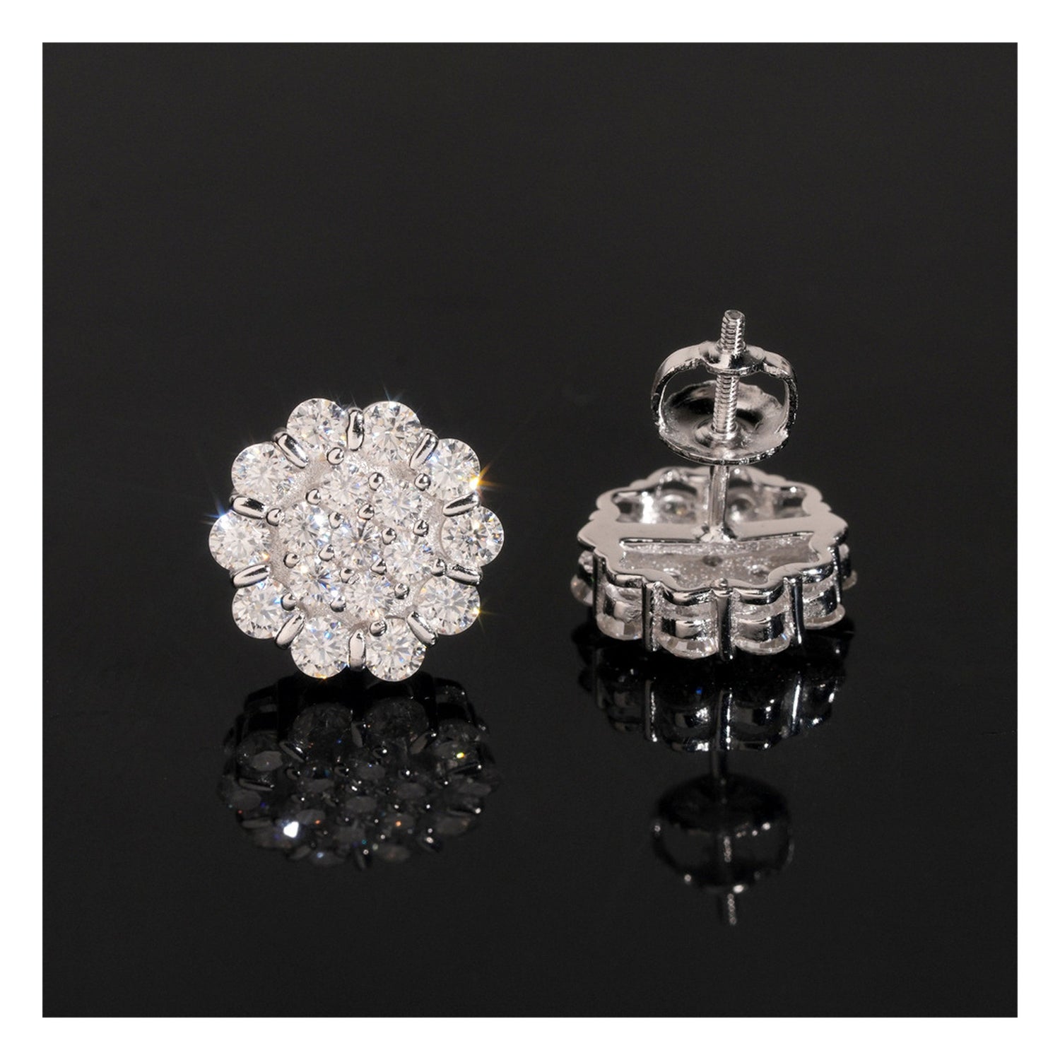 Silver flower moissanite stud earring front and screw-back detail
