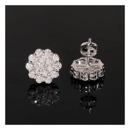 Silver flower moissanite stud earring front and screw-back detail