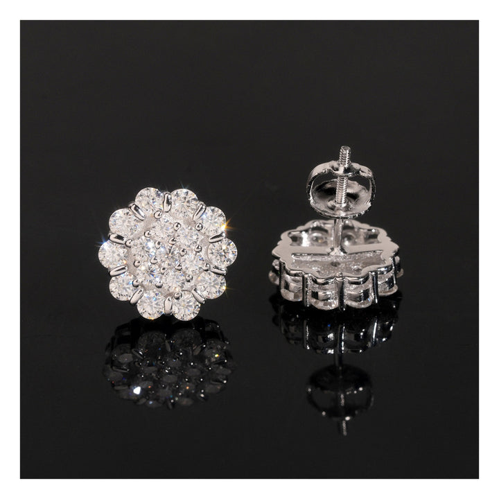 Silver-tone flower-cluster stud earrings showing front and screw back on black