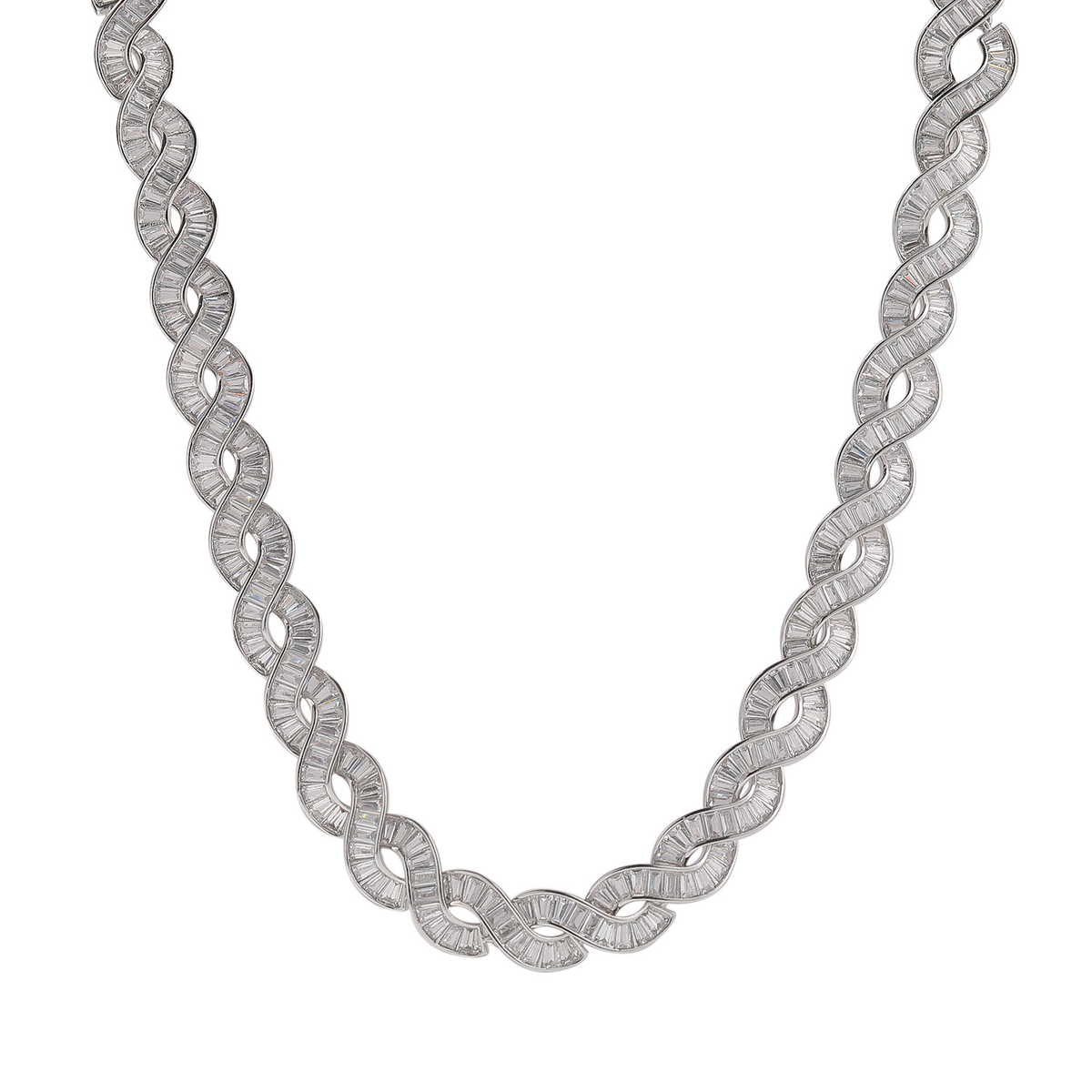 Front curve of a silver-tone DNA spiral necklace with elongated baguette stones