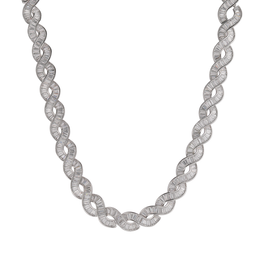 Front curve of a silver-tone DNA spiral necklace with elongated baguette stones