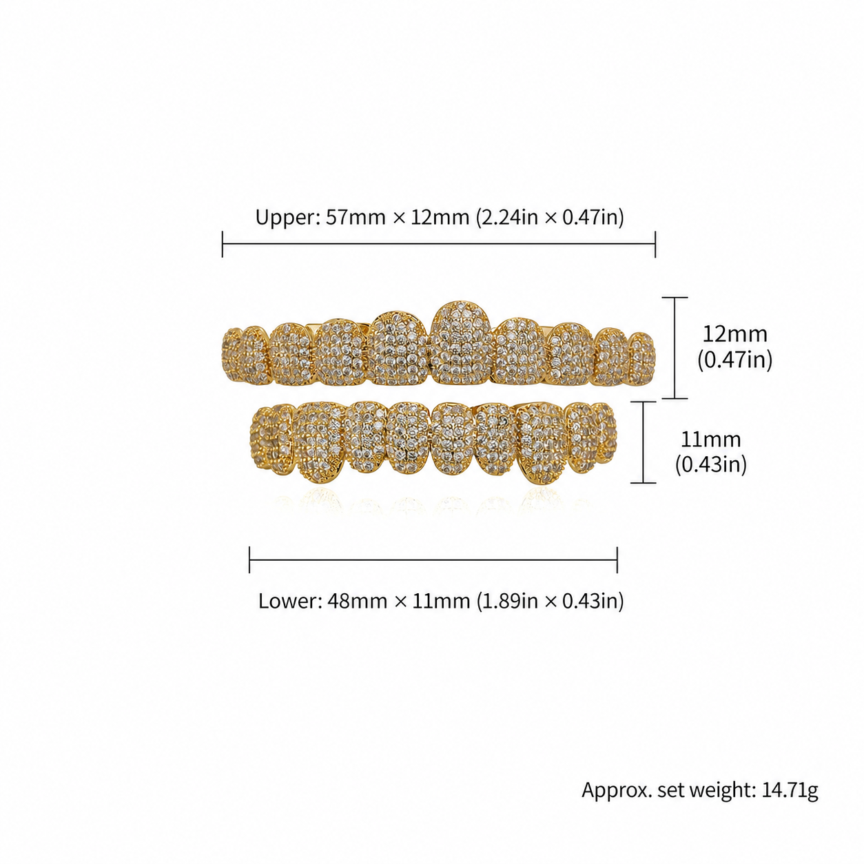 Size chart for 10-tooth micro-pavé CZ upper and lower grillz
