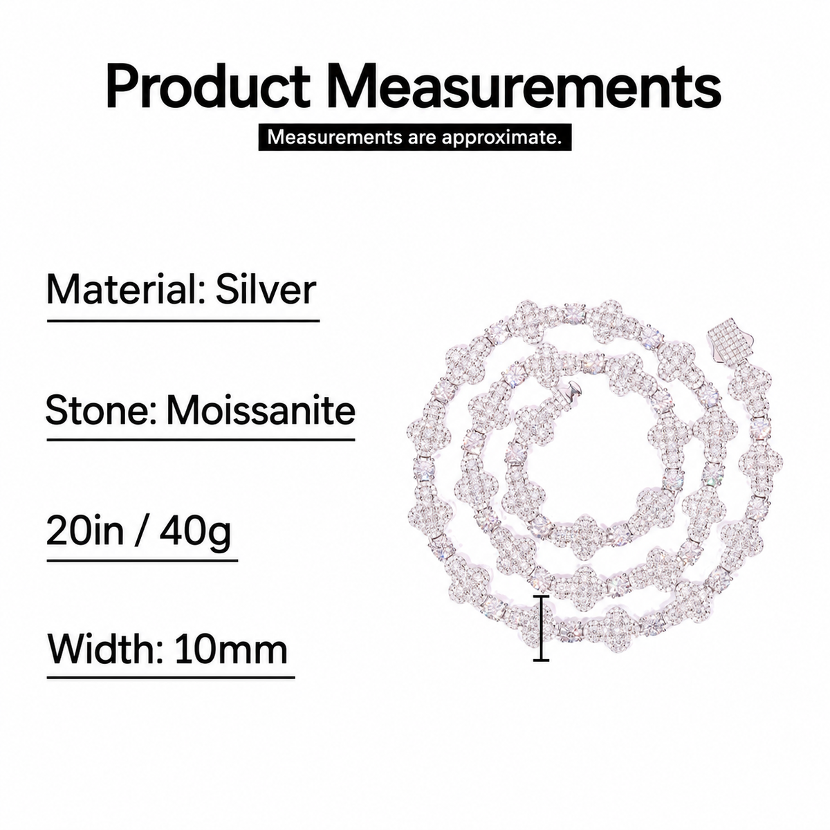 Measurement guide for the 10mm cross tennis chain with a 20in reference weight