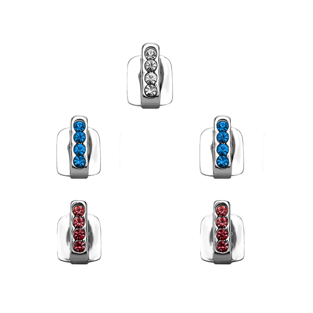 Silver five-piece tooth cap set with clear, blue and red stone bars