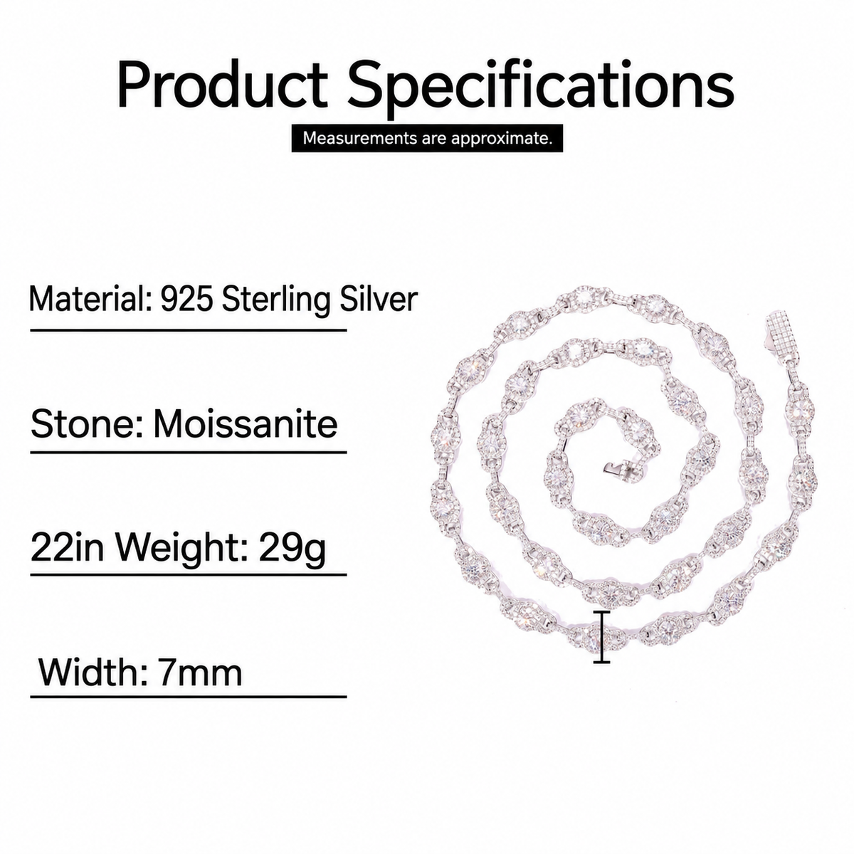 Size reference for the halo link chain showing 7mm width and 22in length with 29g weight