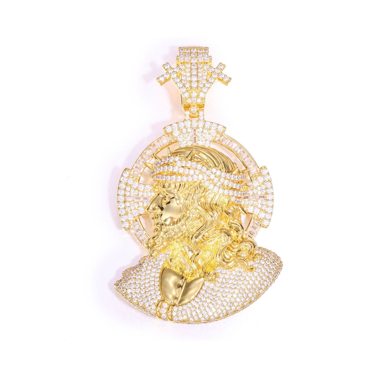 Gold iced 3D Jesus portrait pendant centered on white