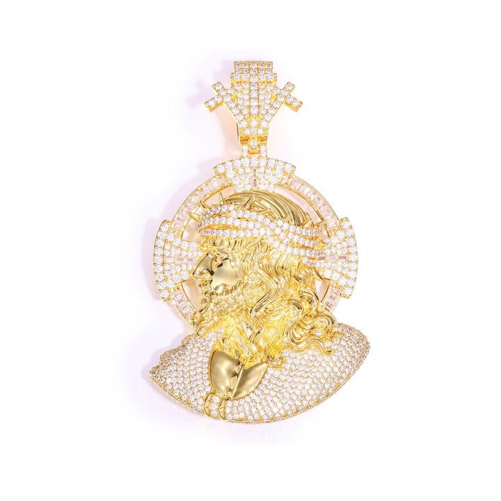 Gold iced 3D Jesus portrait pendant centered on white