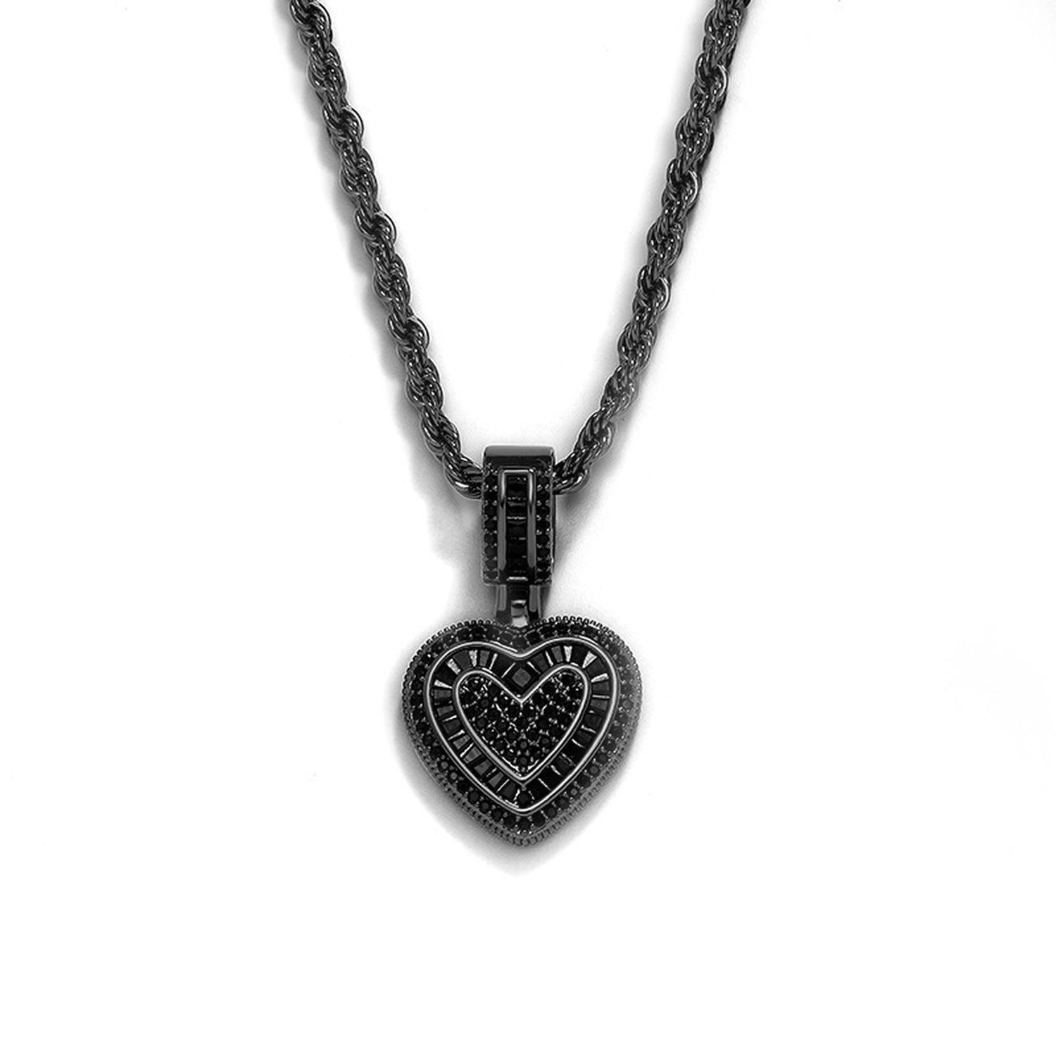 Black baguette iced double heart pendant with black cubic zirconia