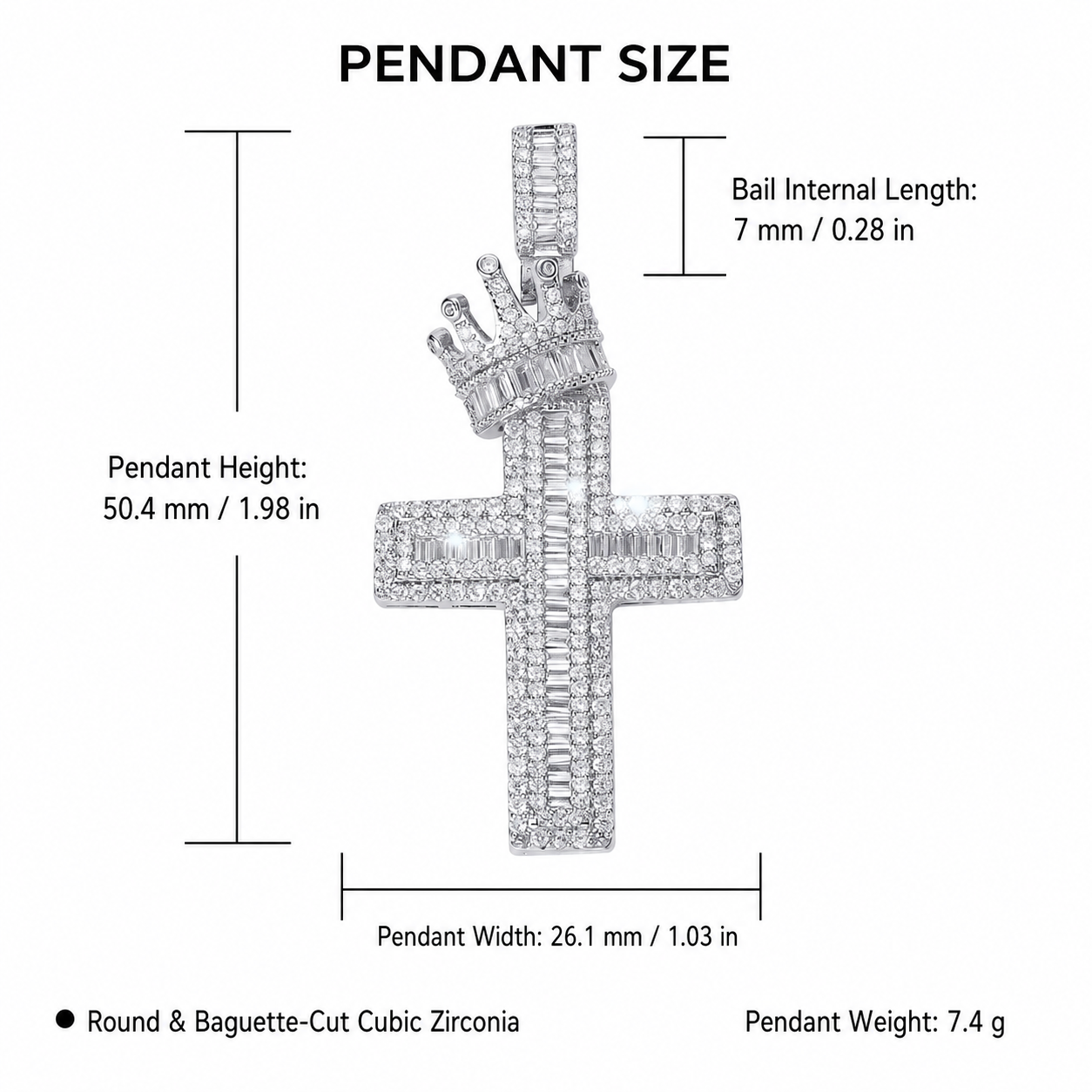 Iced crown cross pendant English size guide