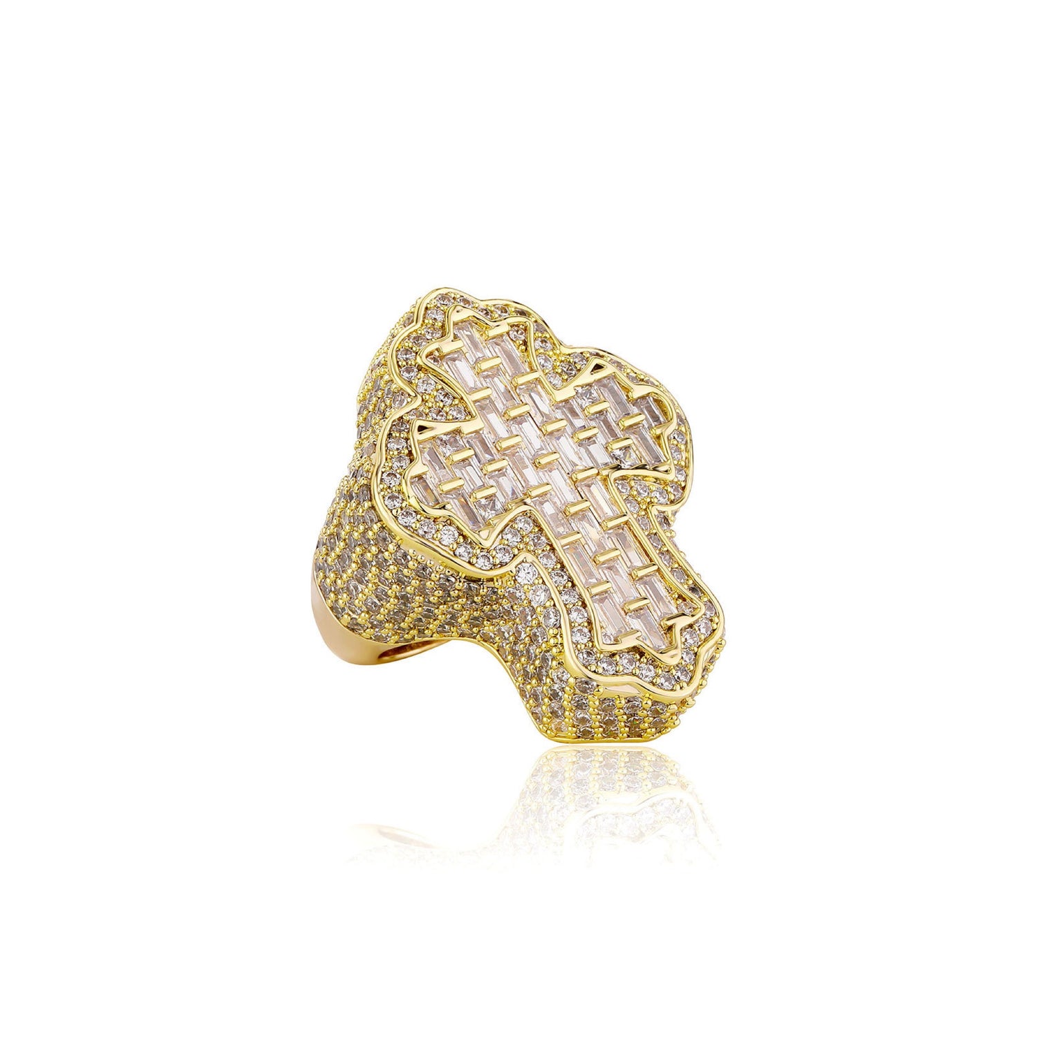 Gold baguette and round cubic zirconia cross ring angled view