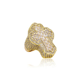 Gold baguette and round cubic zirconia cross ring angled view