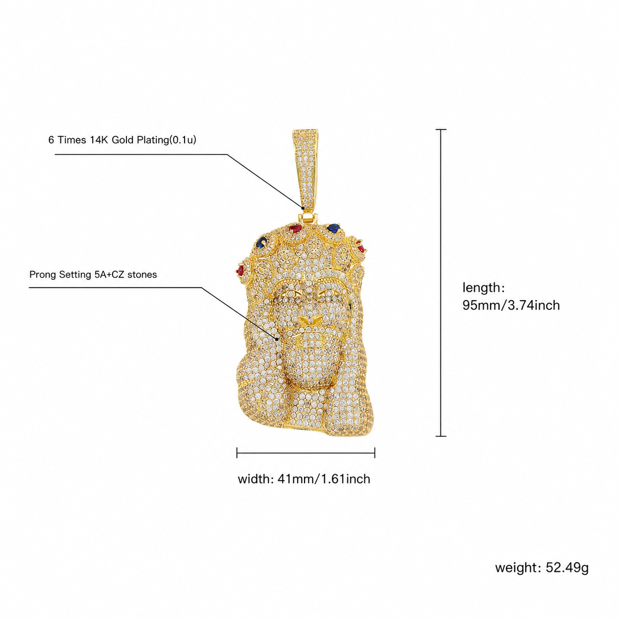 Gold iced out Jesus Piece pendant size and weight guide