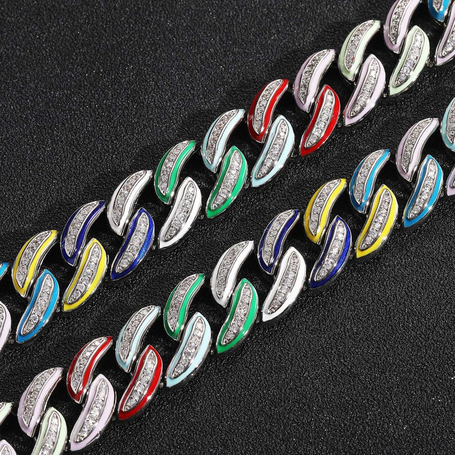 Multicolor enamel and cubic zirconia Cuban link detail