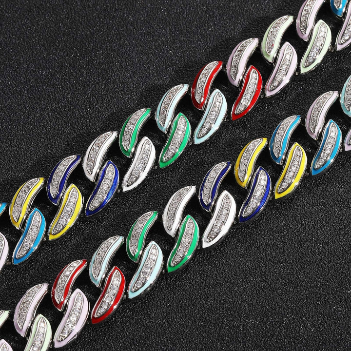 Multicolor enamel and cubic zirconia Cuban link detail