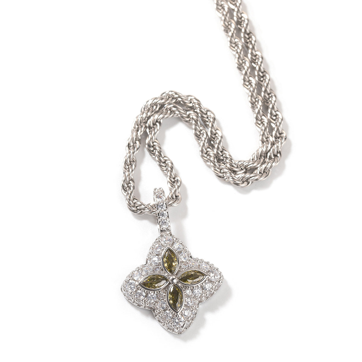 Olive-green four-leaf clover pendant in a silver-tone setting on white