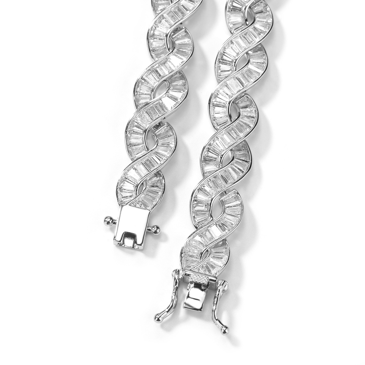 Close-up of the open box clasp and safety catches on a silver-tone DNA spiral necklace