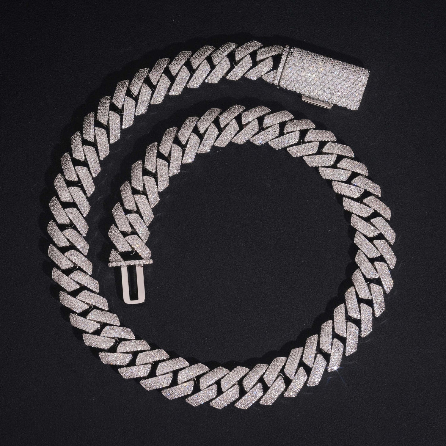 Silver 4-row iced Cuban chain link and clasp close-up