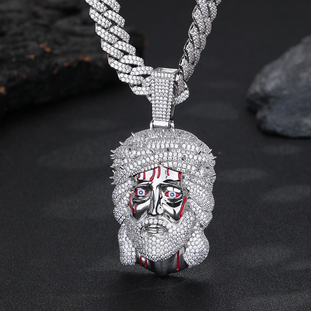 Silver-tone iced Crown of Thorns Jesus pendant close-up