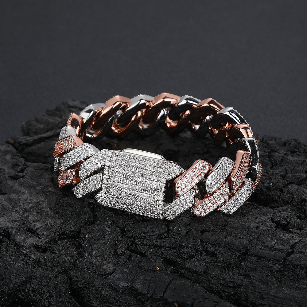 Silver and pink two-tone 20mm iced Cuban link bracelet and fully iced box clasp