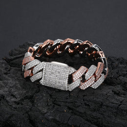Silver and pink two-tone 20mm iced Cuban link bracelet and fully iced box clasp