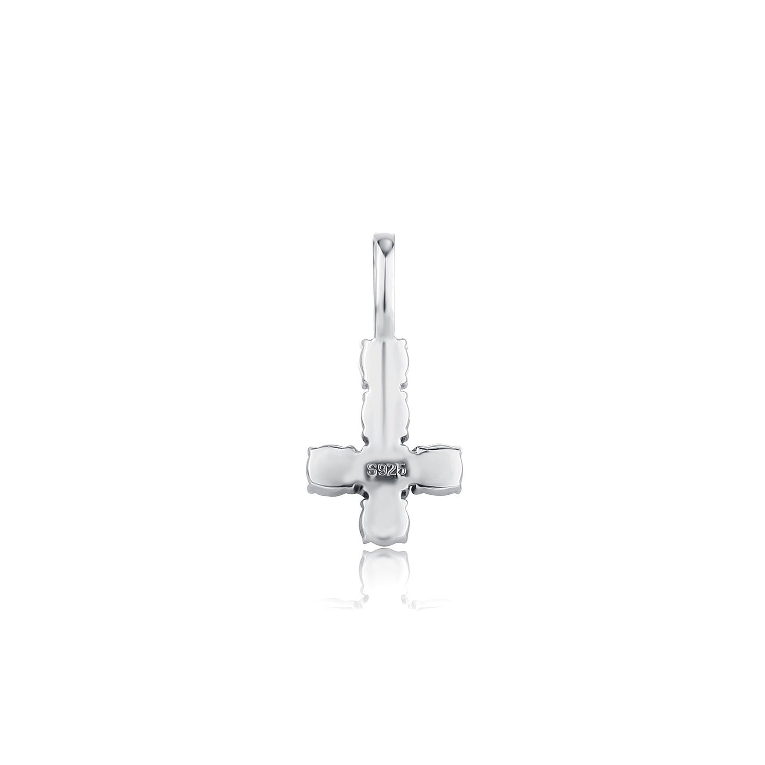 925 sterling silver inverted cross pendant isolated reverse view