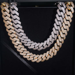 Silver and gold 4-row iced Cuban chains shown together