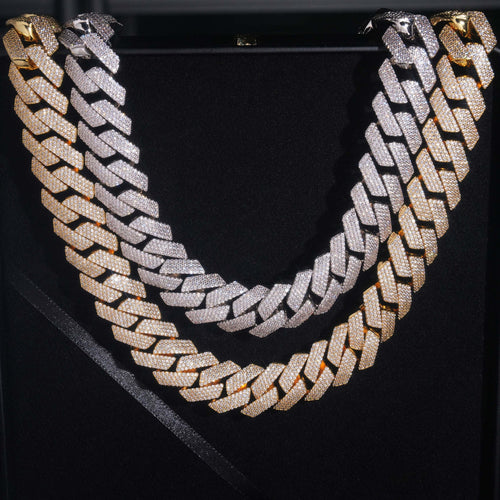 Silver and gold 4-row iced Cuban chains shown together