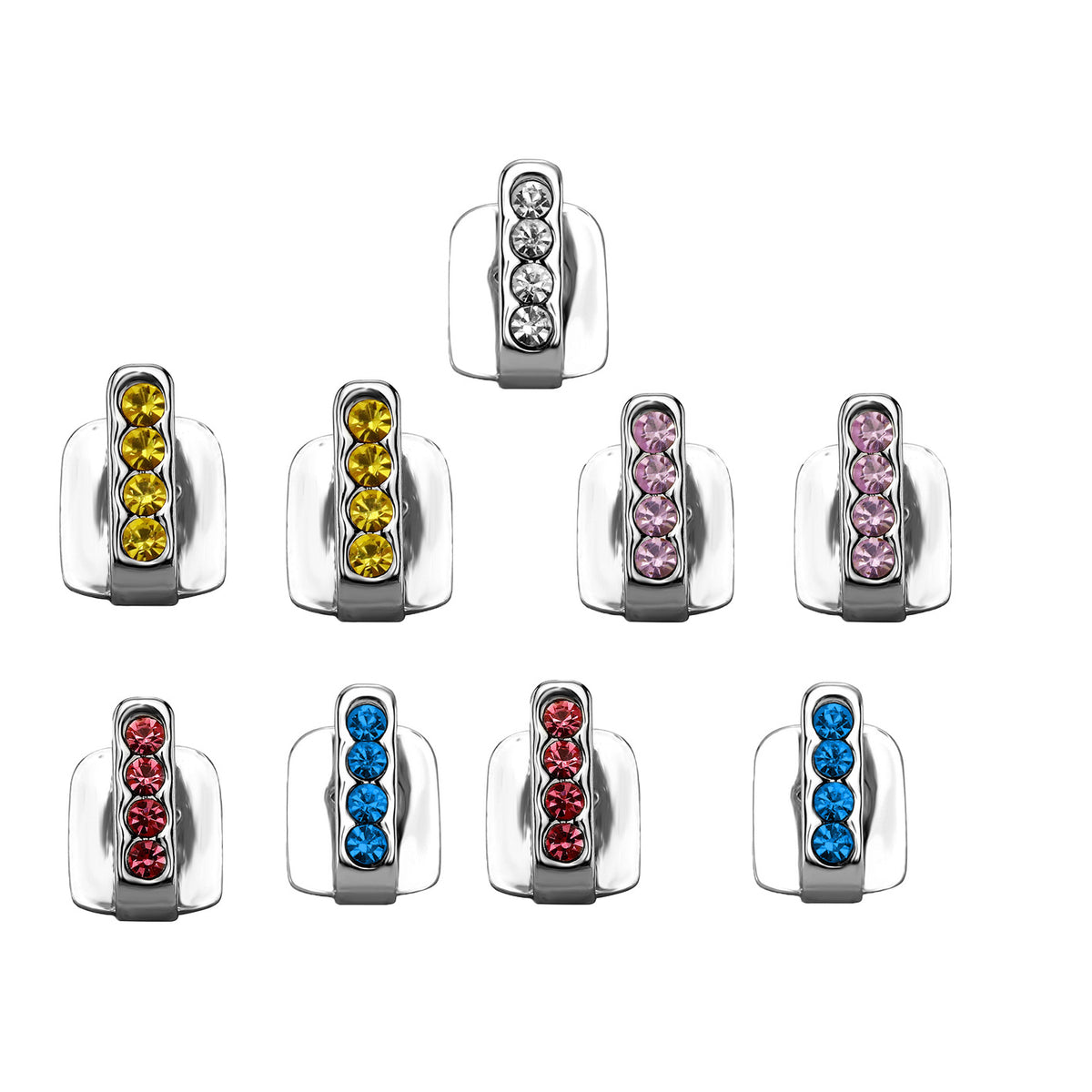 Silver nine-piece tooth cap set with clear, yellow, pink, red and blue stone bars
