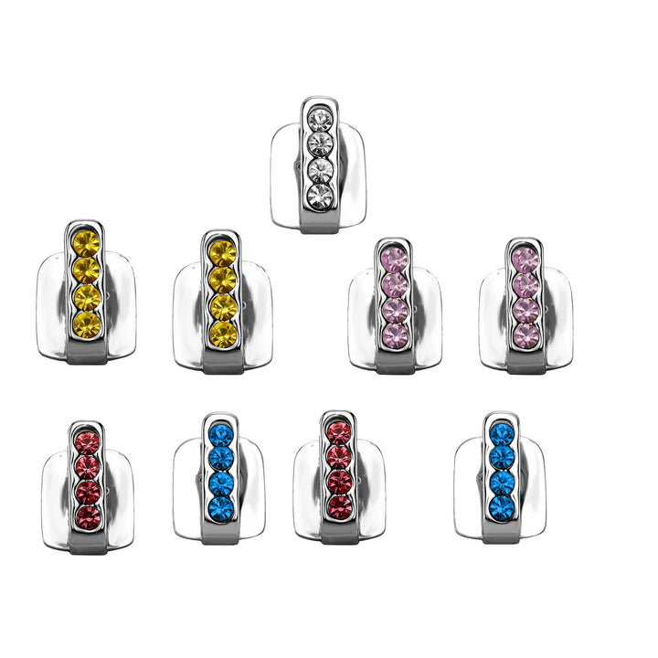 Silver nine-piece tooth cap set with clear, yellow, pink, red and blue stone bars