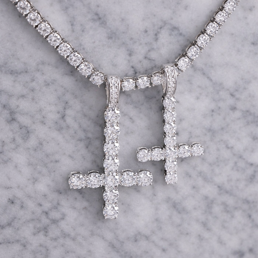 Iced out moissanite inverted cross pendant in 925 sterling silver