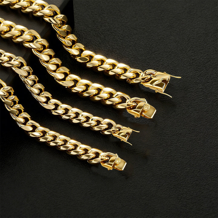 Gold-tone Cuban link chains in several widths showing box clasps