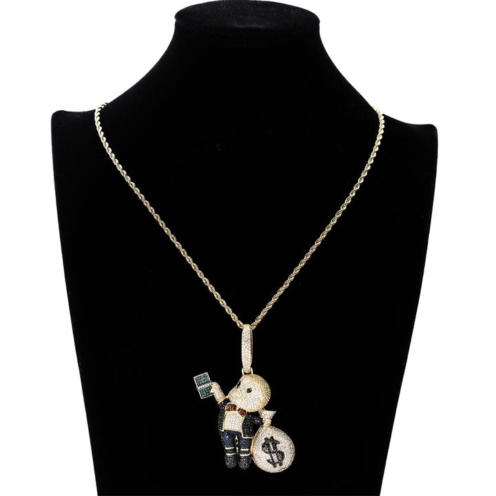 Gold-tone figure and money bag pendant displayed on a necklace bust