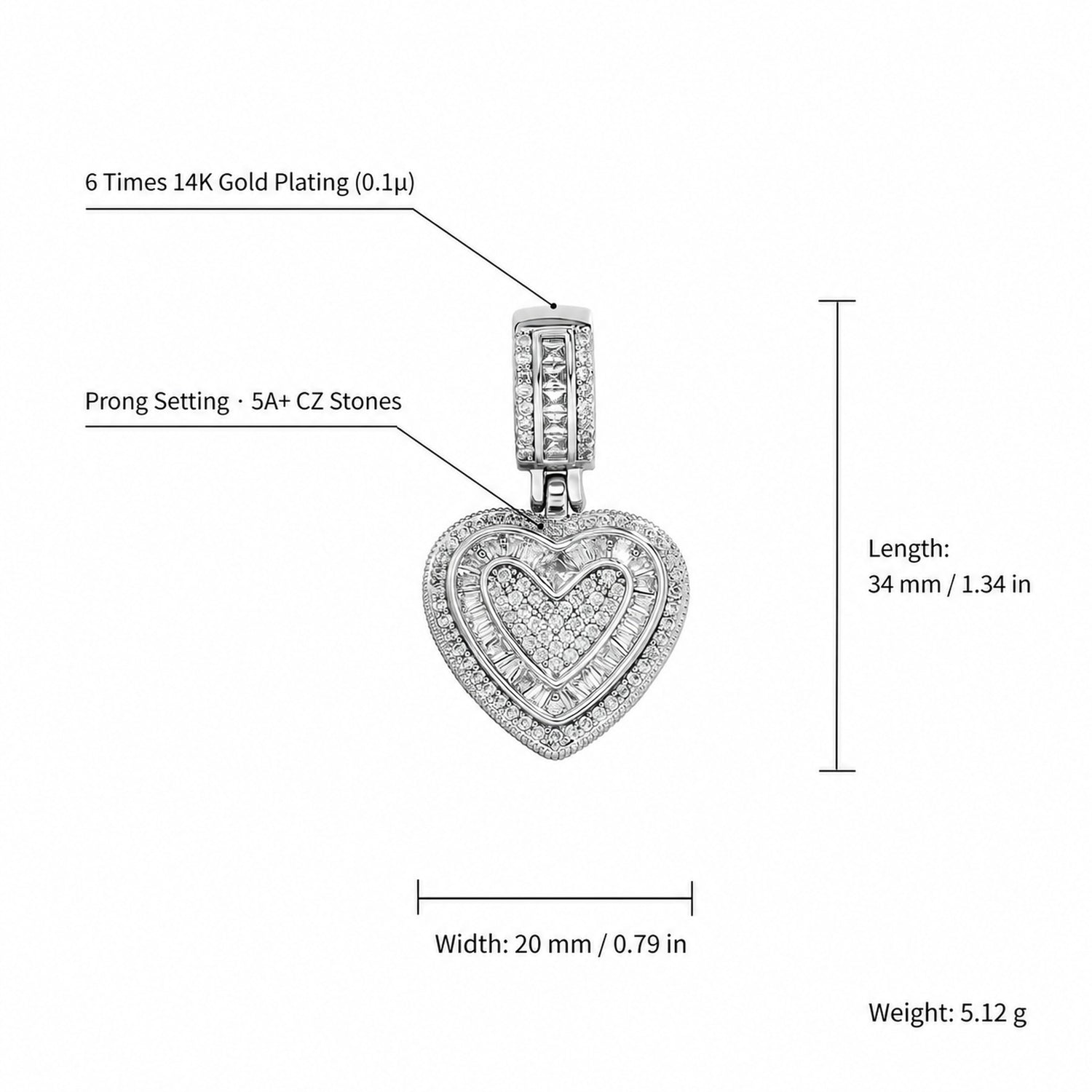 Baguette iced double heart pendant size guide with 34 mm length and 20 mm width