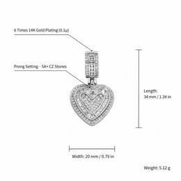 Baguette iced double heart pendant size guide with 34 mm length and 20 mm width
