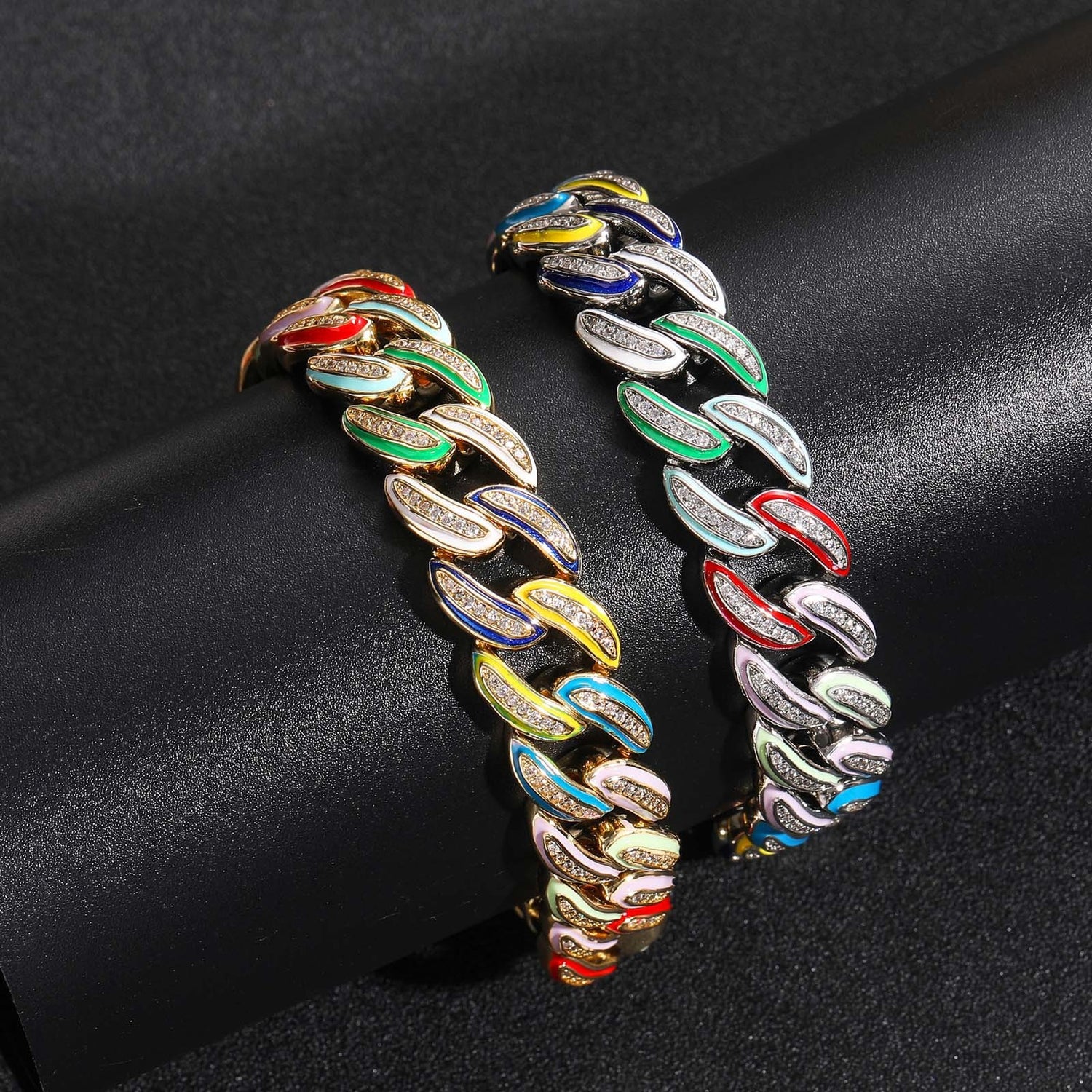 Matching gold and silver multicolor Cuban bracelets