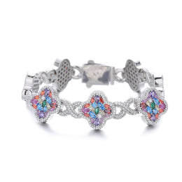 Silver-tone multicolor zircon clover bracelet, front view