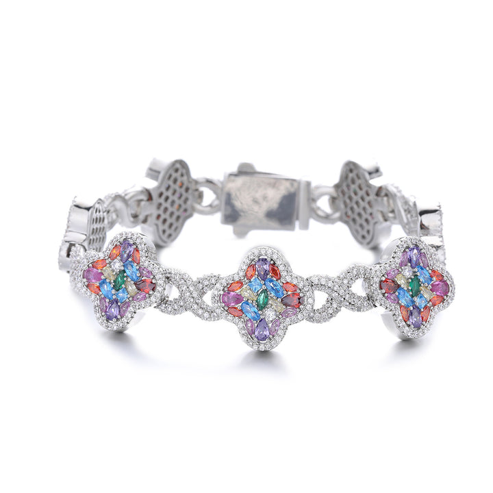 Silver-tone multicolor zircon clover bracelet, front view