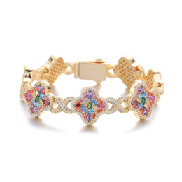 Gold-tone multicolor zircon clover bracelet, front view
