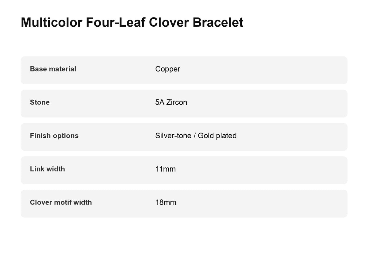Multicolor clover bracelet material and width information