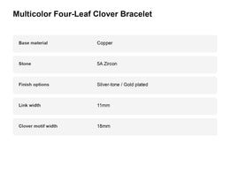 Multicolor clover bracelet material and width information