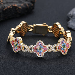 Gold-tone multicolor zircon clover bracelet on black stone