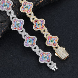 Silver-tone and gold-tone multicolor clover bracelets, front view