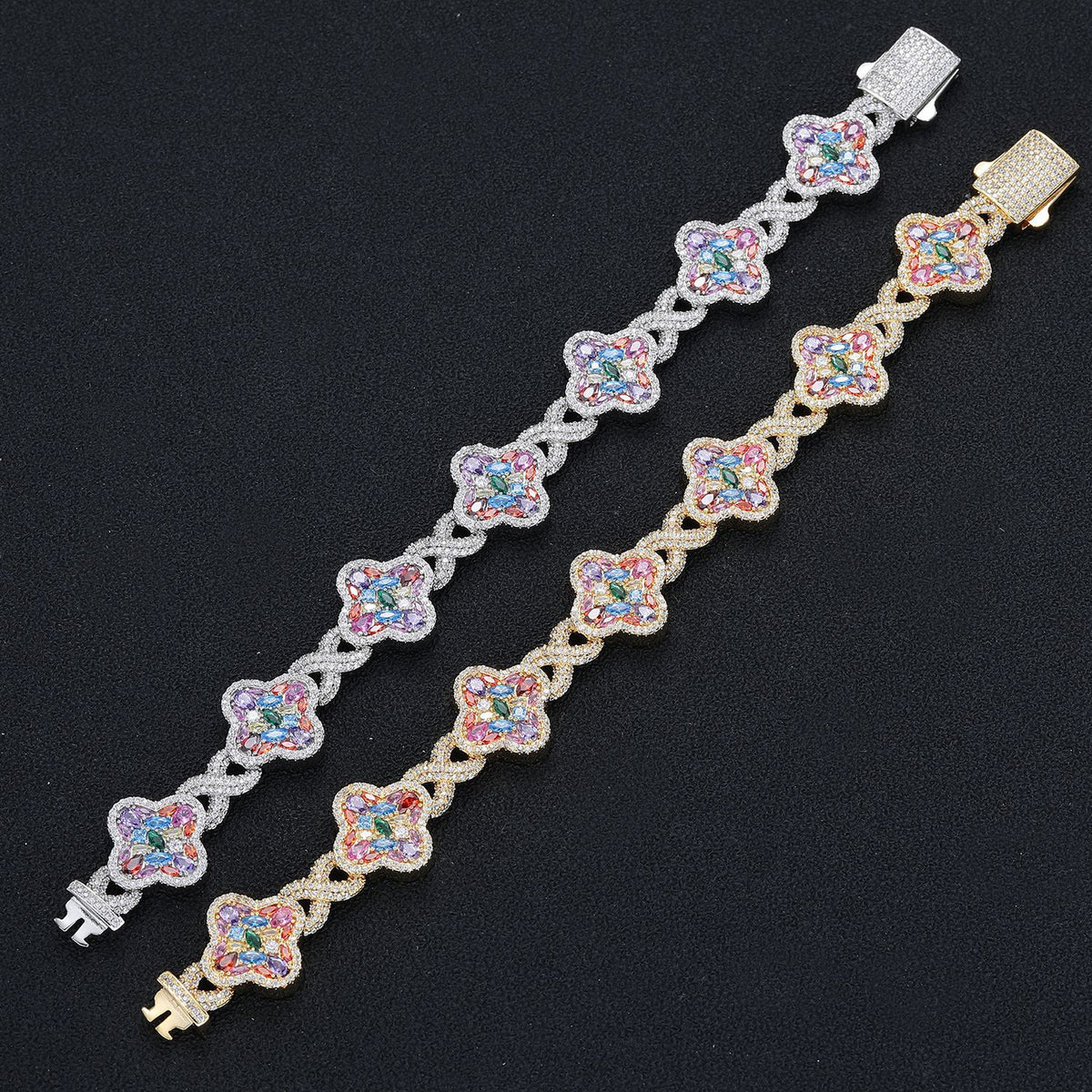 Silver-tone and gold-tone multicolor clover bracelets, full-length view