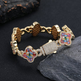Gold-tone multicolor zircon clover bracelet clasp and back view