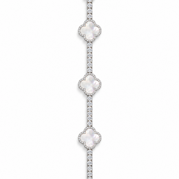 Silver-tone tennis bracelet with pearlescent white clover inlays displayed open on white