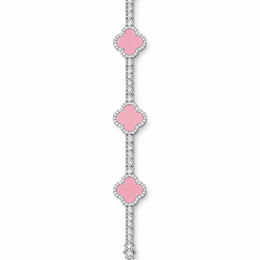 Silver-tone tennis bracelet with pink clover inlays displayed open on white